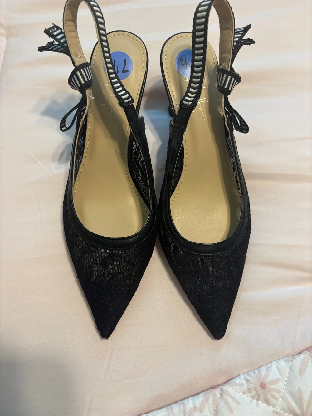 Black Lace Pointed Slingback Heels with Bow Detail